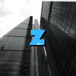 iew of modern skyscrapers with reflective glass facades against a cloudy sky, featuring a blue stylized 'Z' logo at the bottom